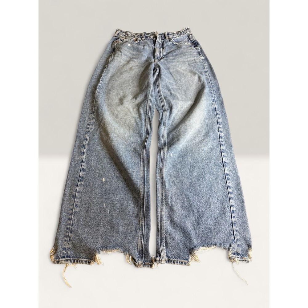 American Eagle Real Good Wide Leg Distressed Raw Hem Jeans Light Wash Size 6